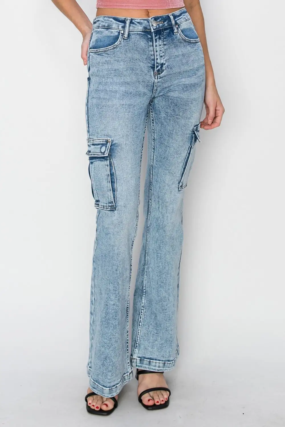 High Rise Cargo Flared Detail Denim Jeans