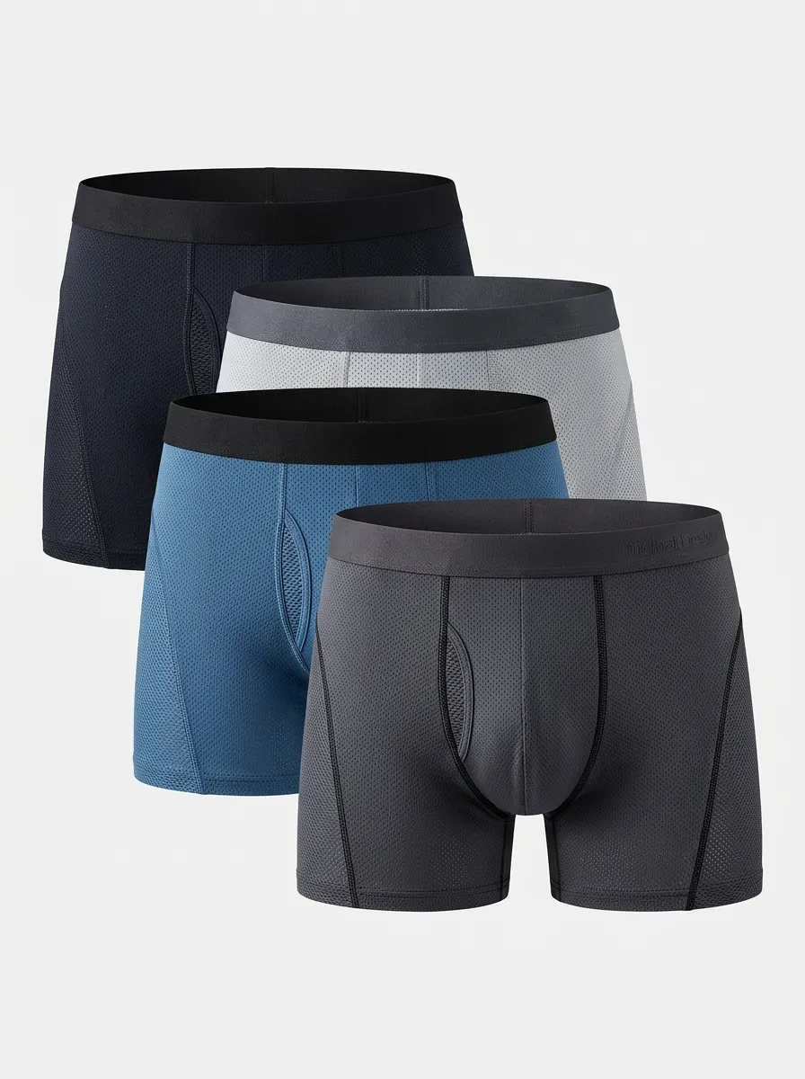 Men's Boxer Briefs Four-Pack with Mesh Breathable-Look Performance-Inspired Solid