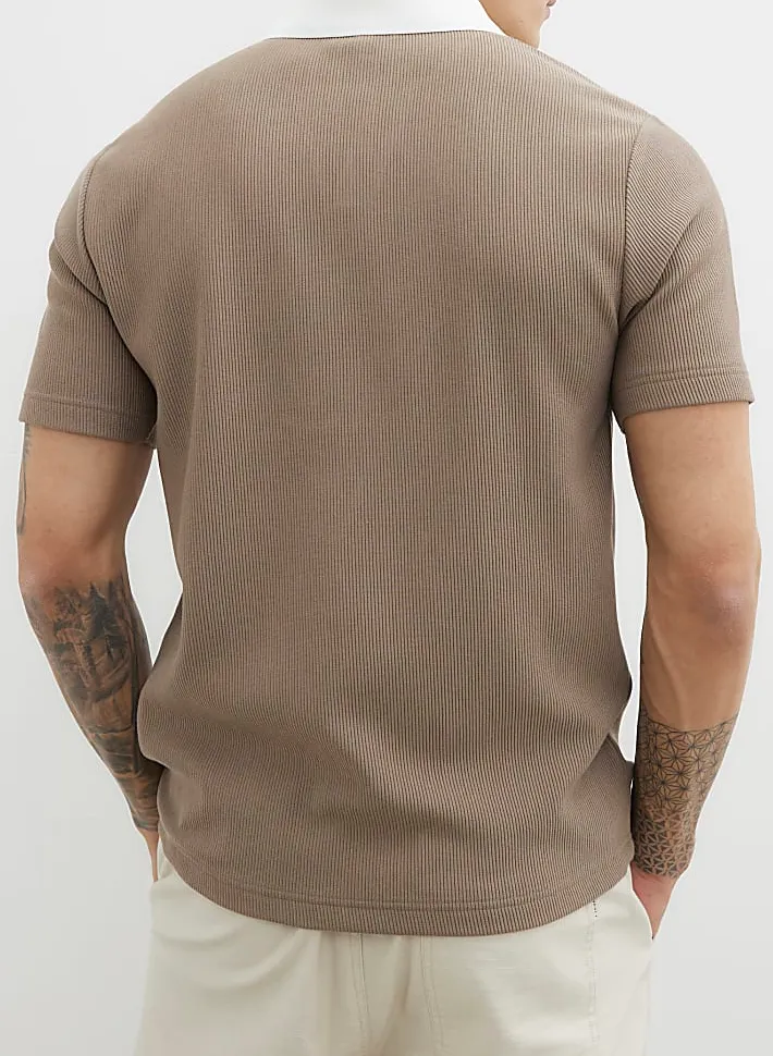 Men's Fashion Slim Fit Brown Polo Shirt Short Sleeves