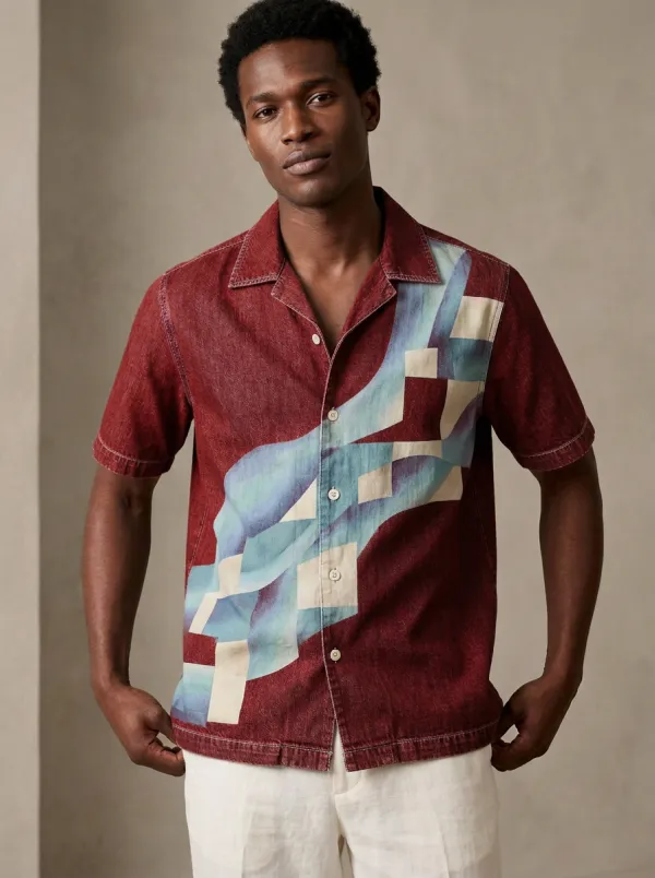 Men's Abstract Geometric Wave Short Sleeve Denim Shirt
