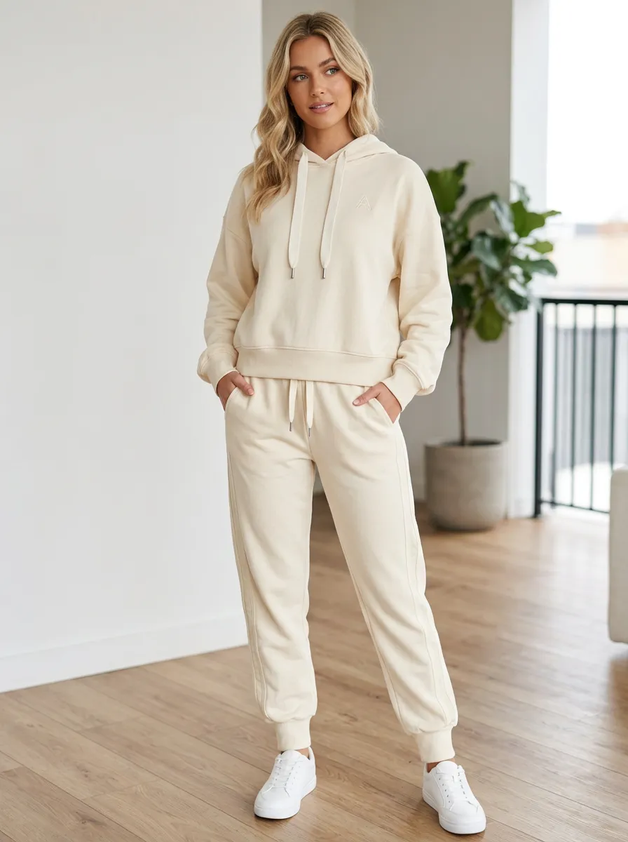 Women's Minimalist A5 Logo Embroidered Cream Hooded Tracksuit