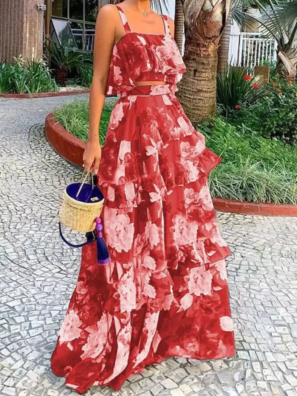 Floral Print Ruffle Cami and Skirt Set