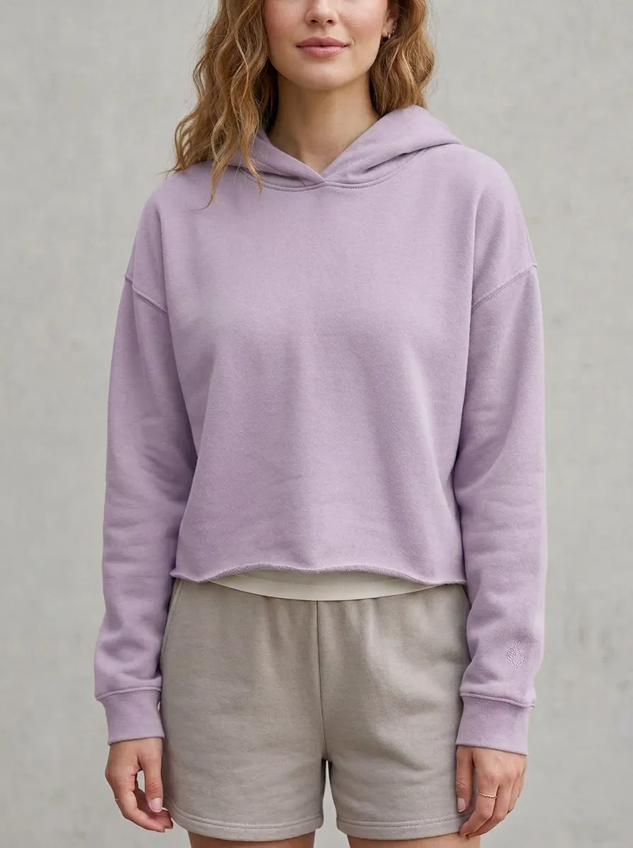 Women's Sage Green Minimalist Solid Color Raw Hem Cropped Hoodie