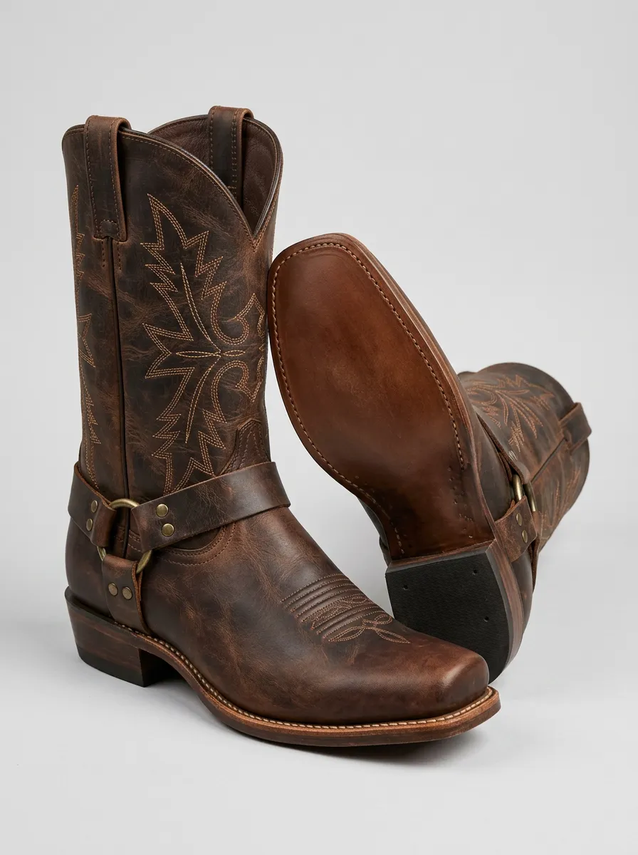 Men's Western Cowboy Brown Leather Harness Square Toe Boots