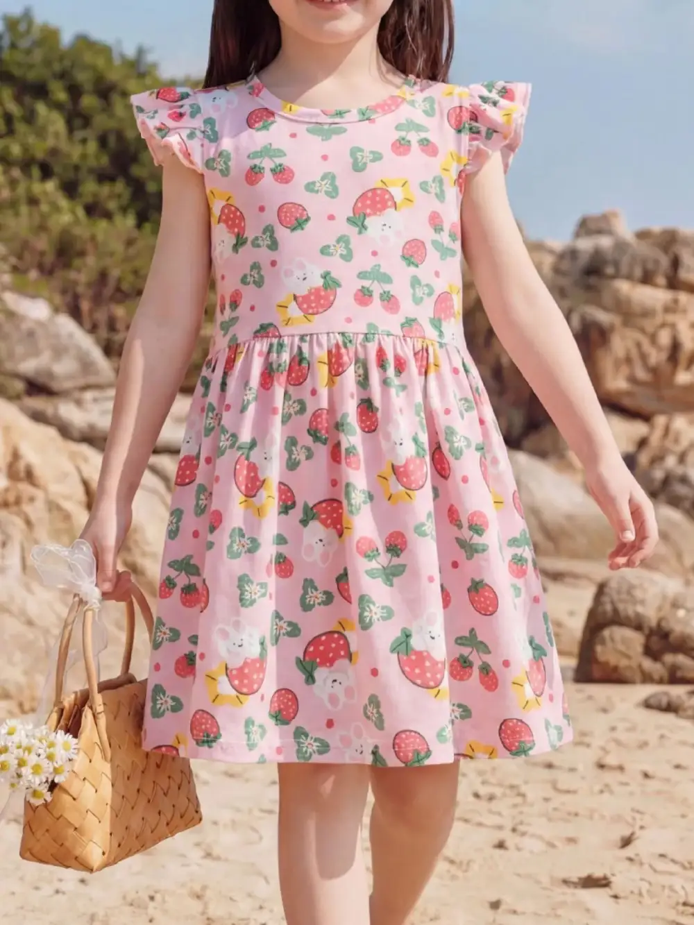 Girls Strawberry Print Ruffle Sleeve Dress