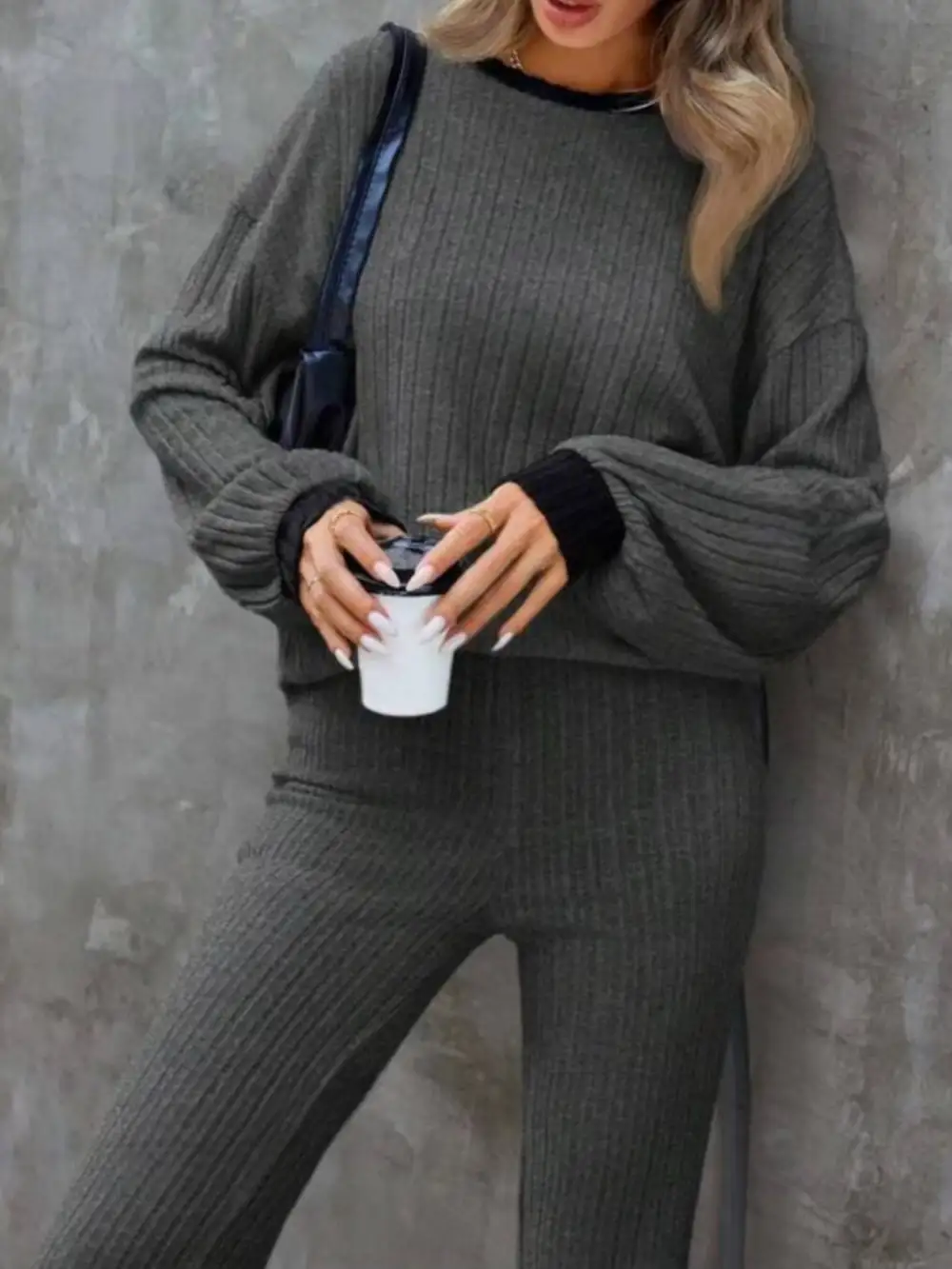 Contrast Round Neck Long Sleeve Top And Bootcut Pants Set