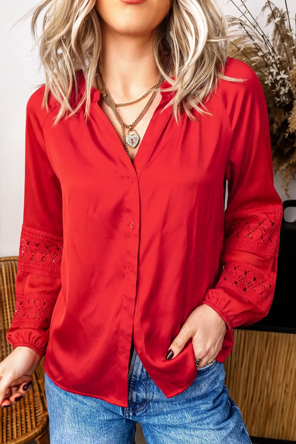 Women's Patchwork Lace V Neck Blouse