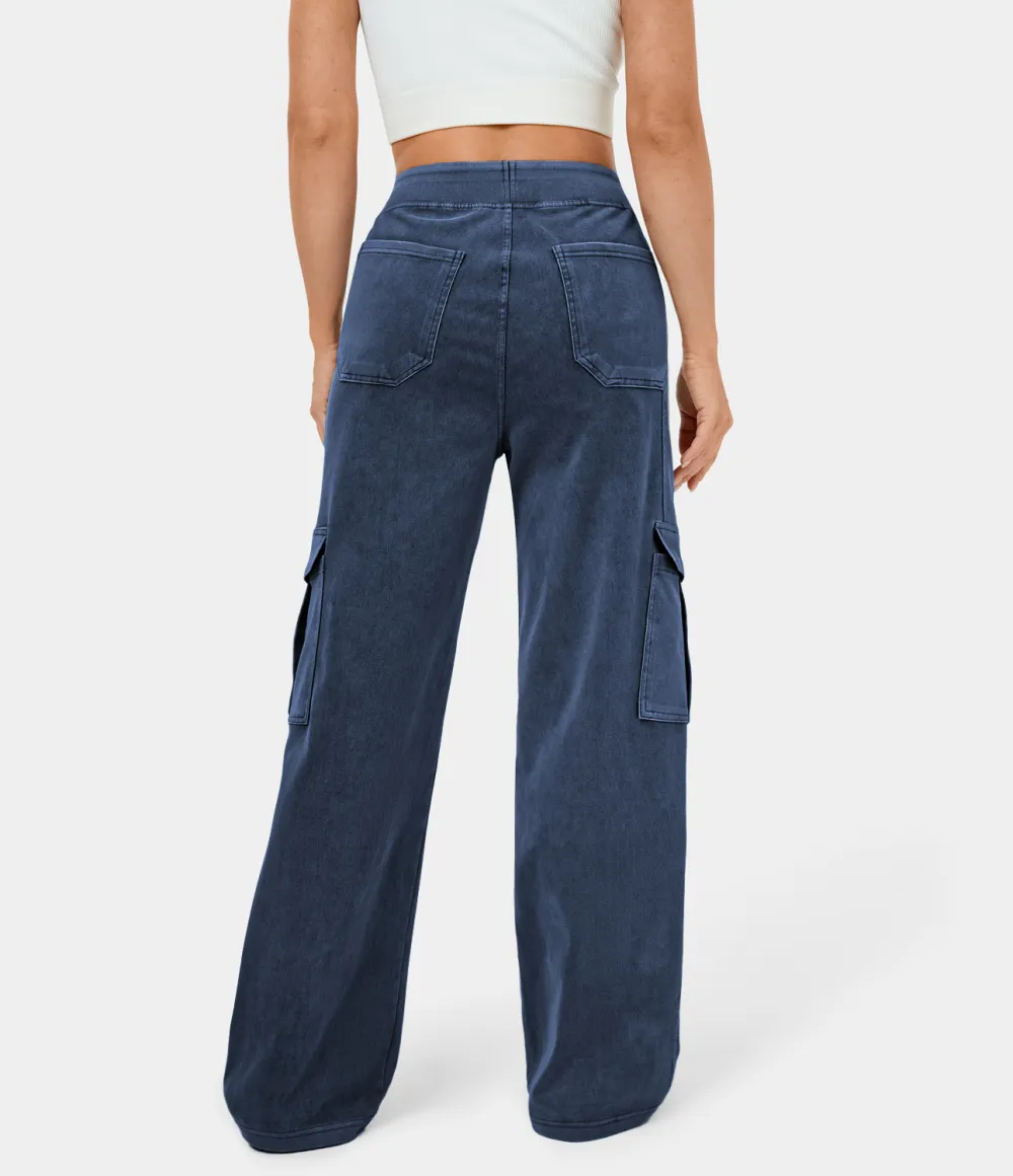 Magic Mid Rise Multiple Pockets Straight Leg Stretchy Knit Casual Cargo Jeans
