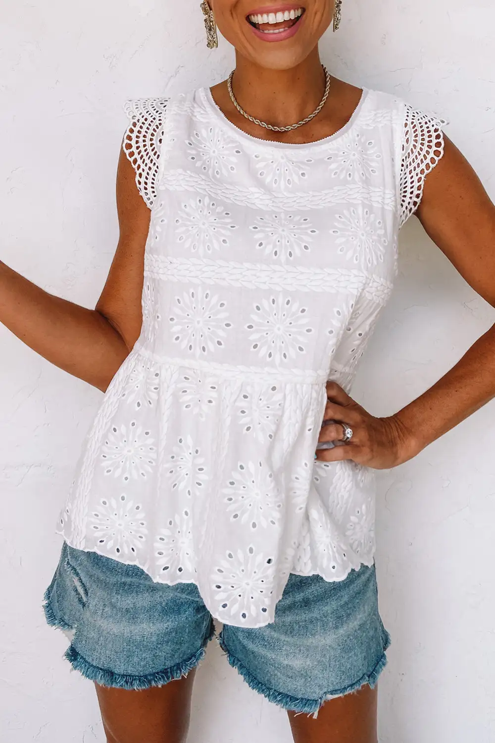 Contrast Lace Cut Out Flutter Sleeve Blouse