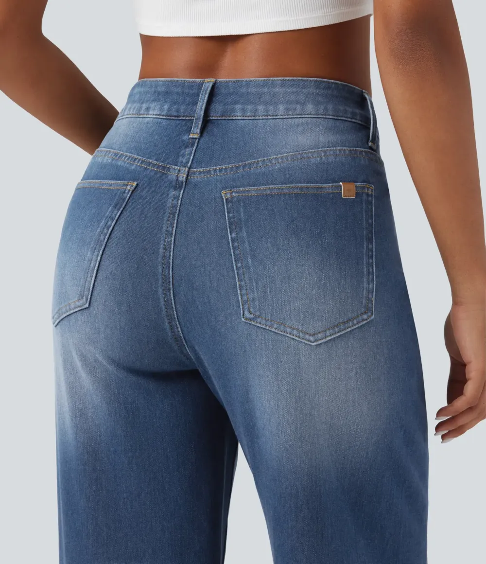 2026🔥  High-Waisted Asymmetrical Baggy Jeans — Washed Effect with Pockets
