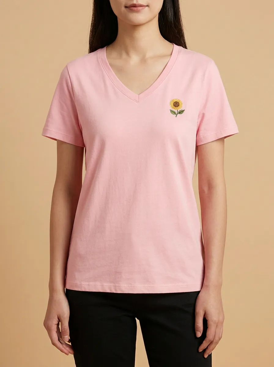 Women's Sunflower Embroidered V-Neck T-Shirt