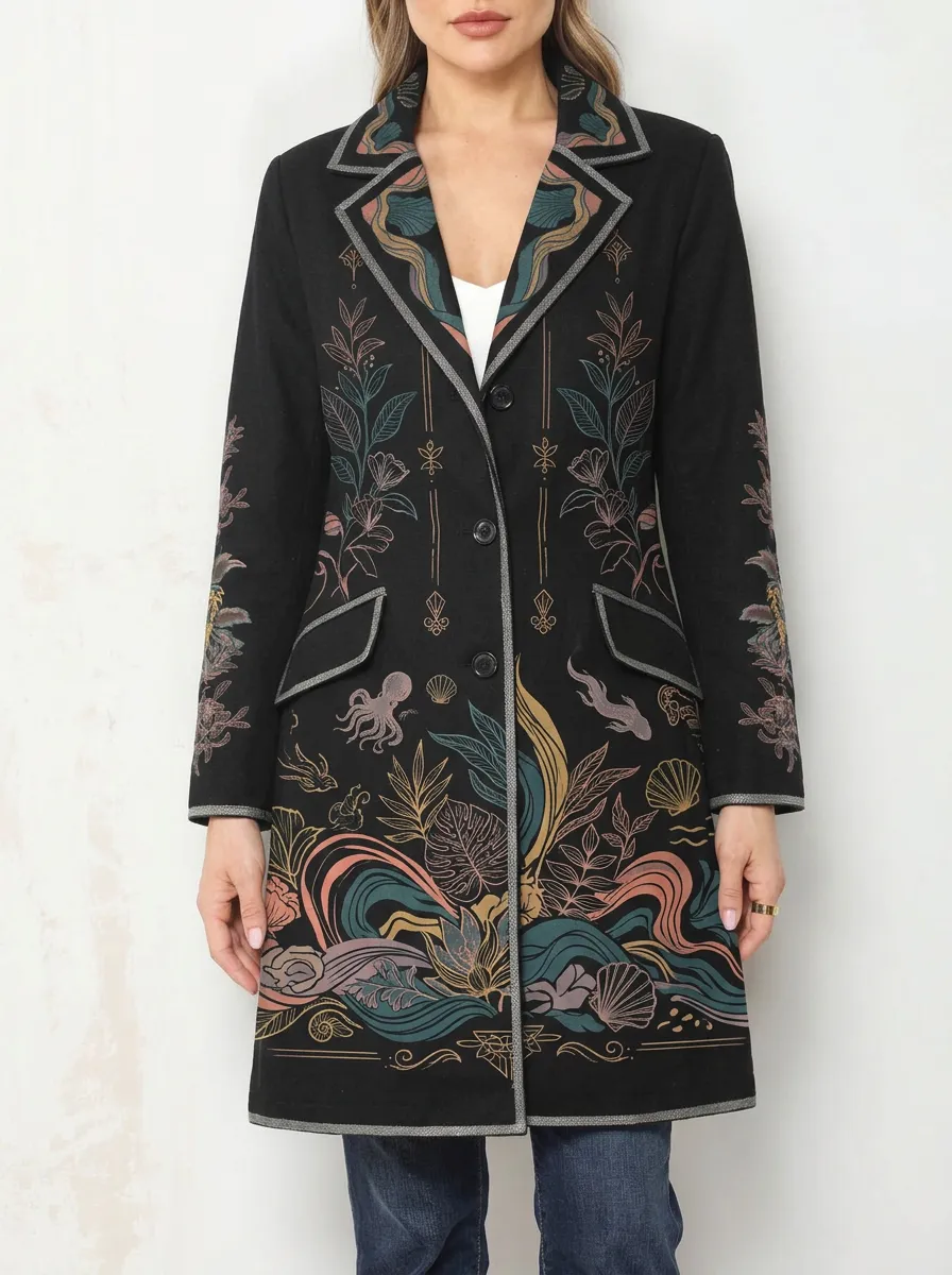 Women's Ocean Life Botanical Octopus Printed Blazer Coat