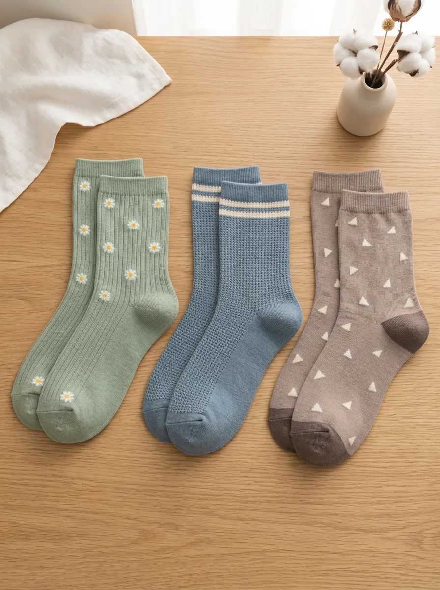 Women's Floral Daisy Striped Triangle Printed Socks Set