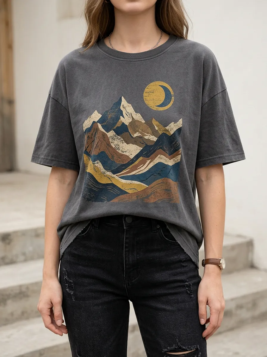 Women's Mountain Moon Nature Printed T-Shirt