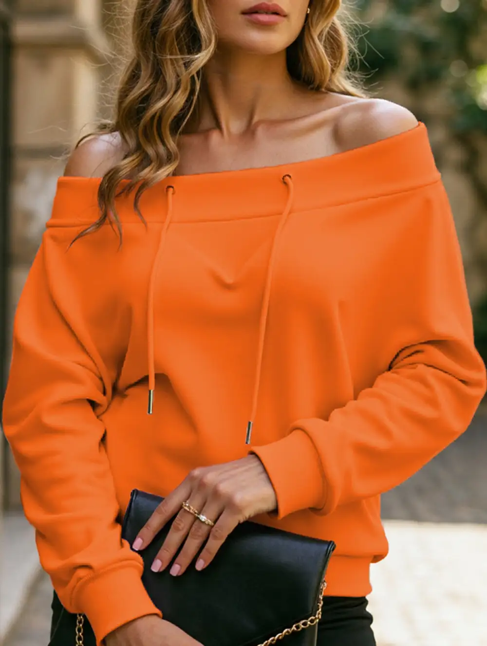 Loose Drawstring Off-Shoulder Boat Neck Top