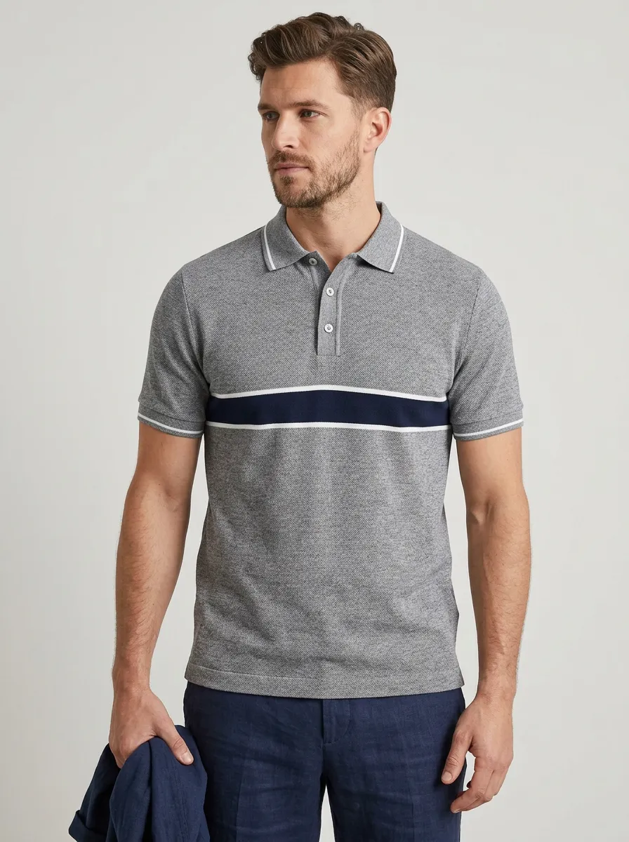Men's Casual Grey Navy Striped Contrast Printed Polo Shirt