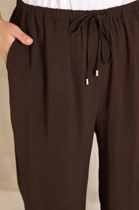 Chocolate Brown Tie Waist Wide Leg Trousers detail 3