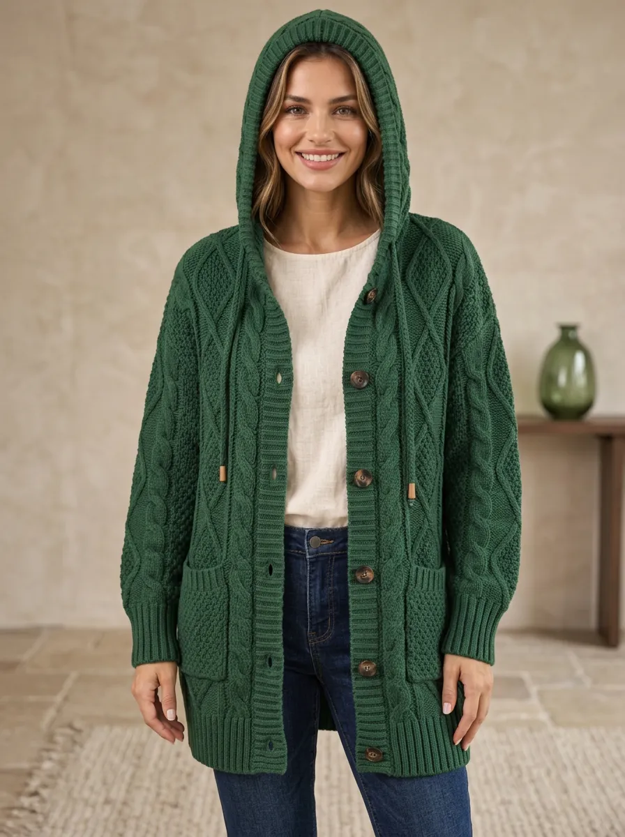 Women's Cable-Knit Toggle Patch-Pocket Longline Drawstring-Hood Hooded Cardigan