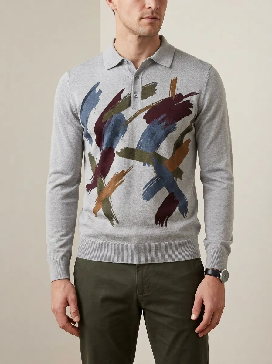 Men's Abstract Art Brushstroke Printed Long Sleeve Polo Shirt
