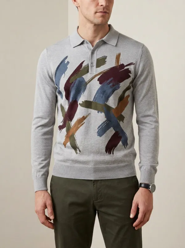Men's Abstract Art Brushstroke Printed Long Sleeve Polo Shirt