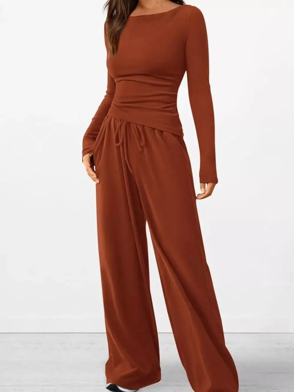 Relaxed Long Sleeve Top and Wide Leg Pants Set