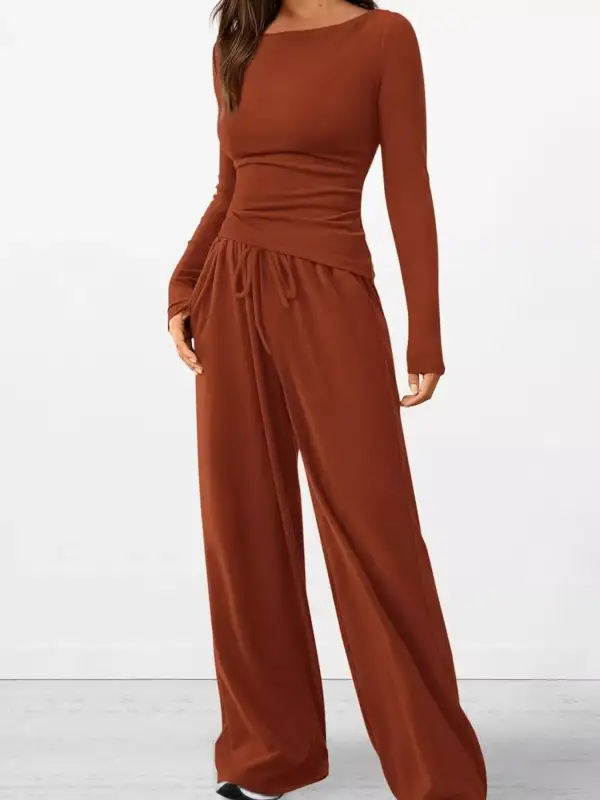 Relaxed Long Sleeve Top and Wide Leg Pants Set