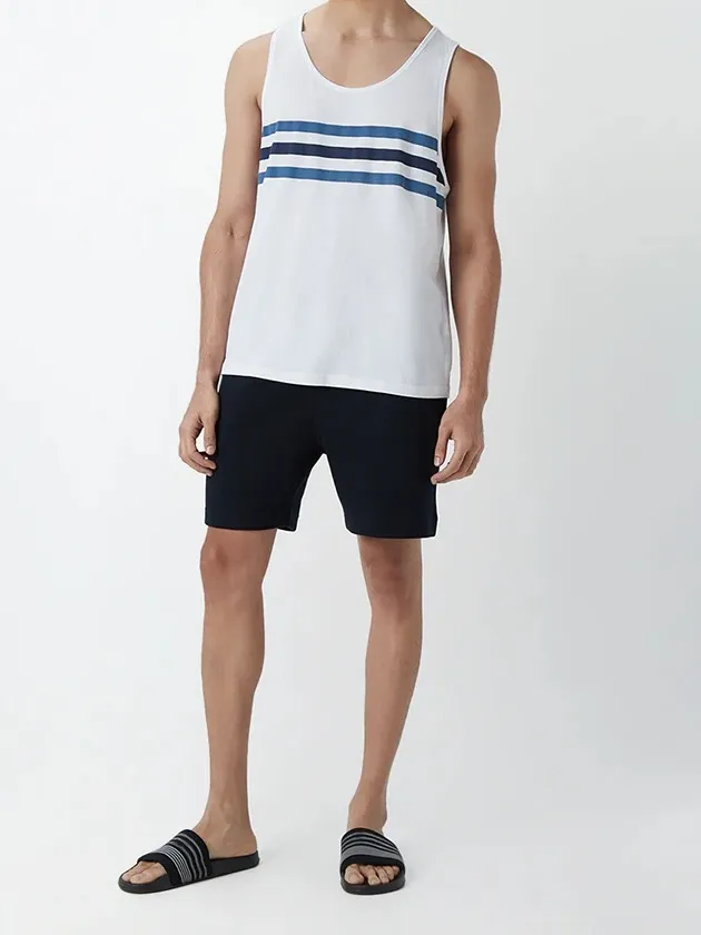 Navy Self-Textured Cotton-Blend Loose Shorts