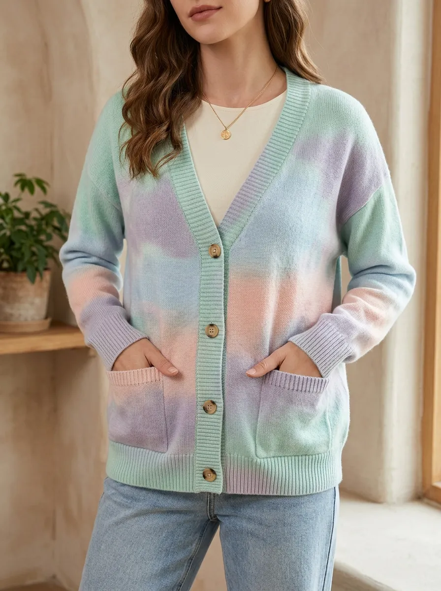 Women's Pastel Tie-Dye Pattern Printed Ribbed Trim Modern Everyday Cardigan