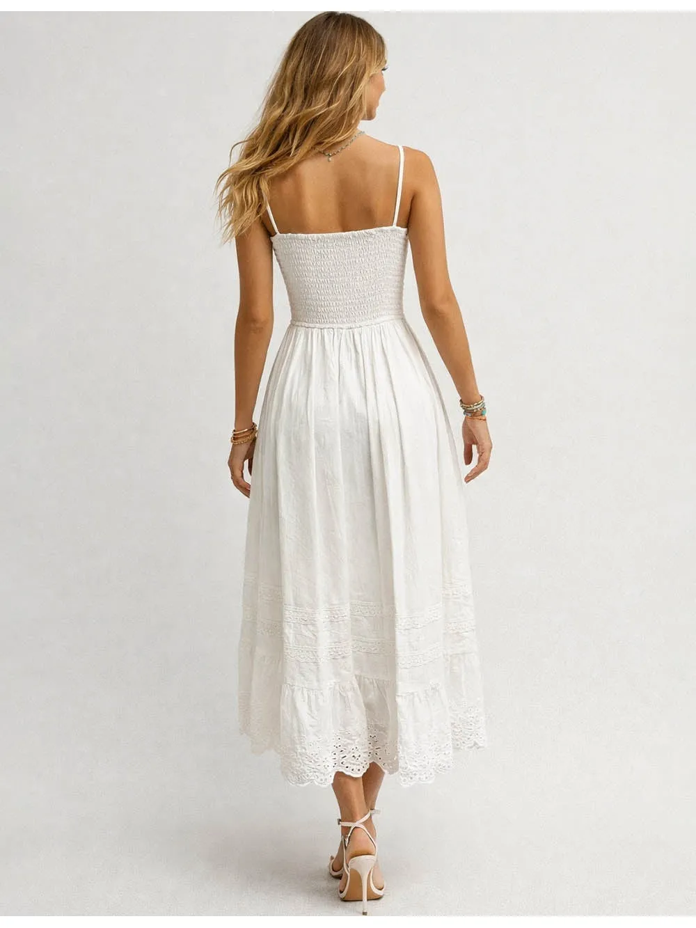 Square Neck Front Smocked Waist Midi Dress