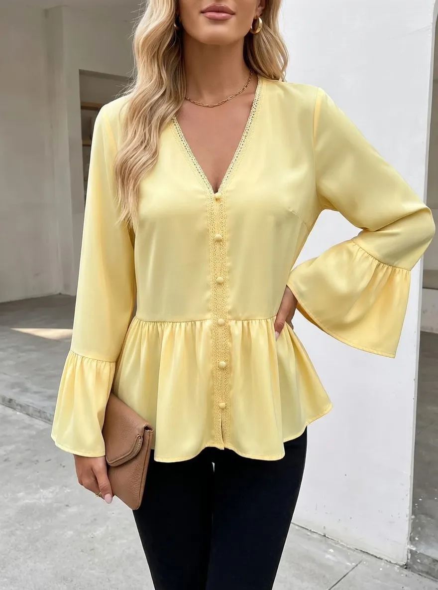 V-Neck Lace Trim Bell Sleeve Buttoned Blouse