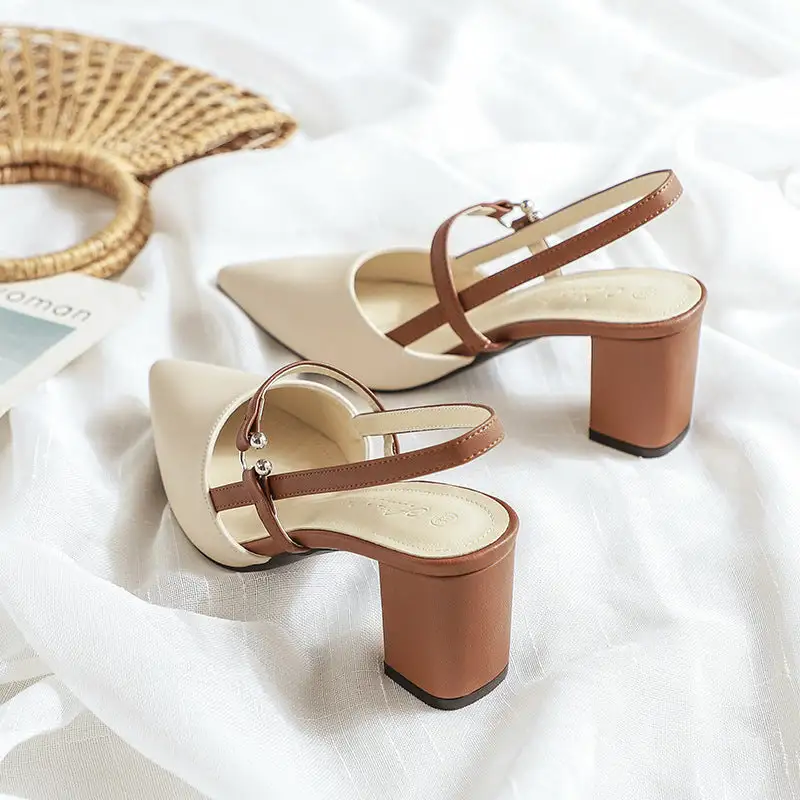 Backless Pointed Toe Thick Heel Sandals