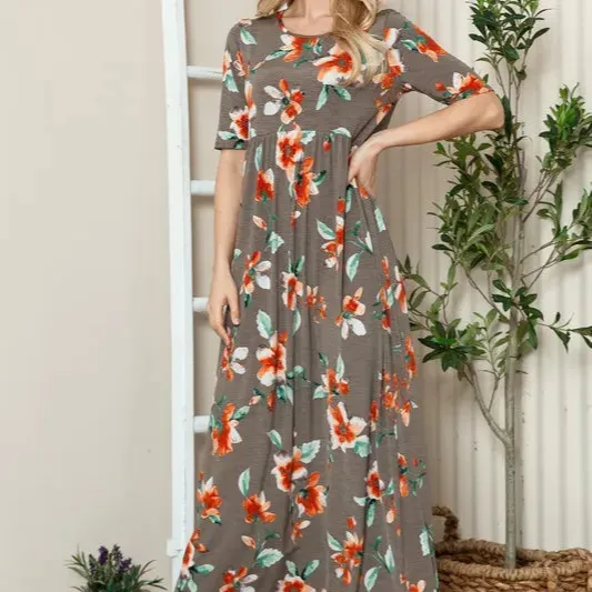 Floral Round Neck Short Sleeve Maxi Tee Dress