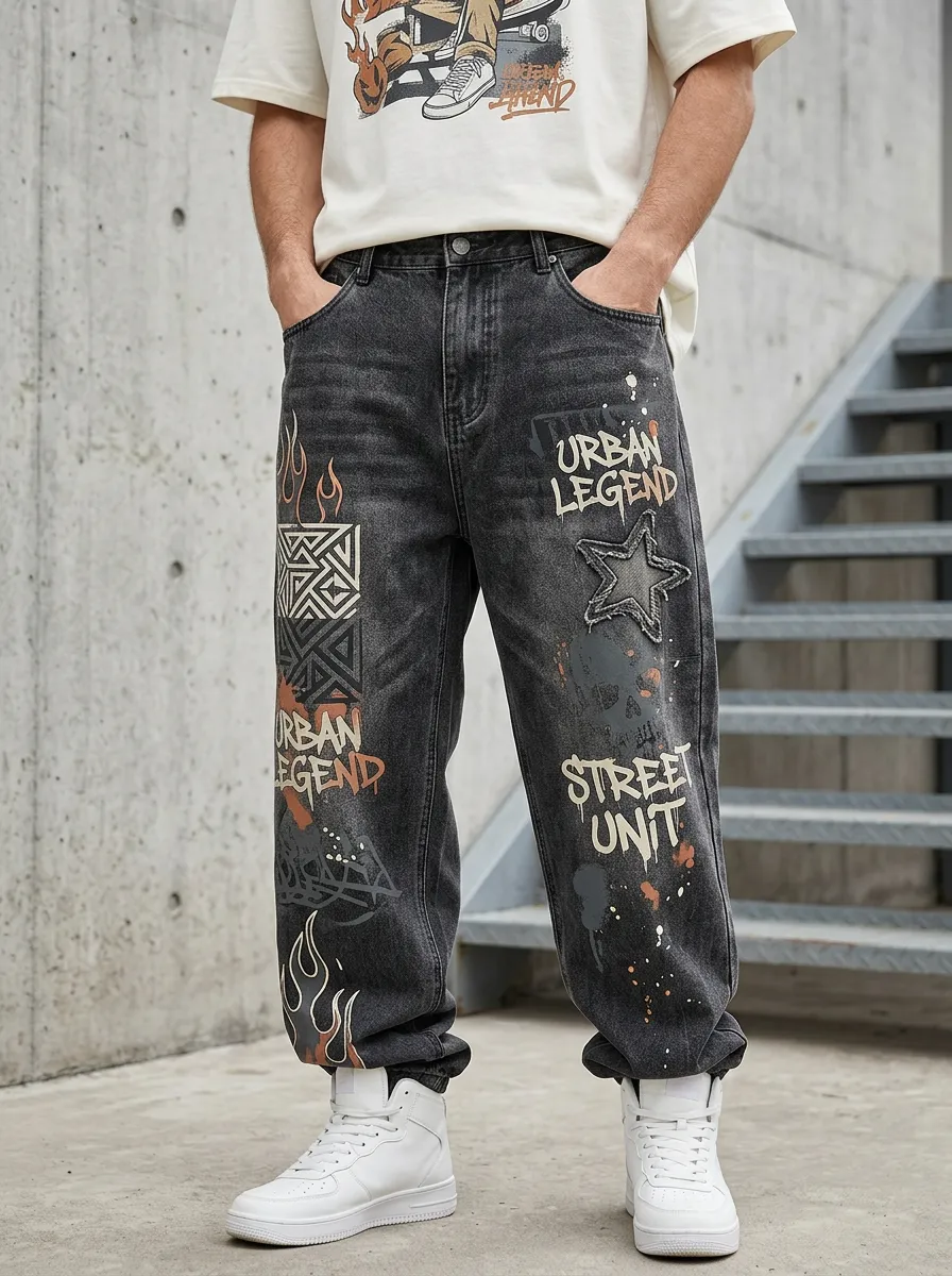 Men's Streetwear Star Flame Jeans