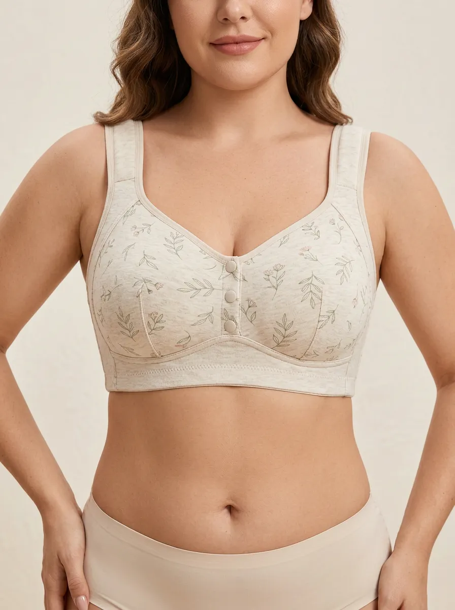 Women's Plus Size Beige Botanical Floral Front-Closure Scoop-Neck Wireless Bralette