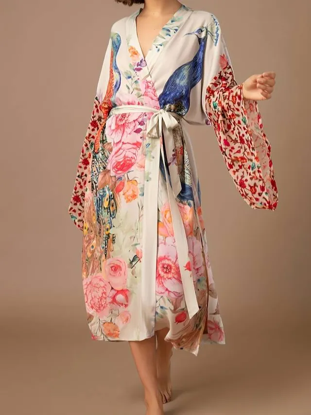 Floral Bird Satin Kimono Robe