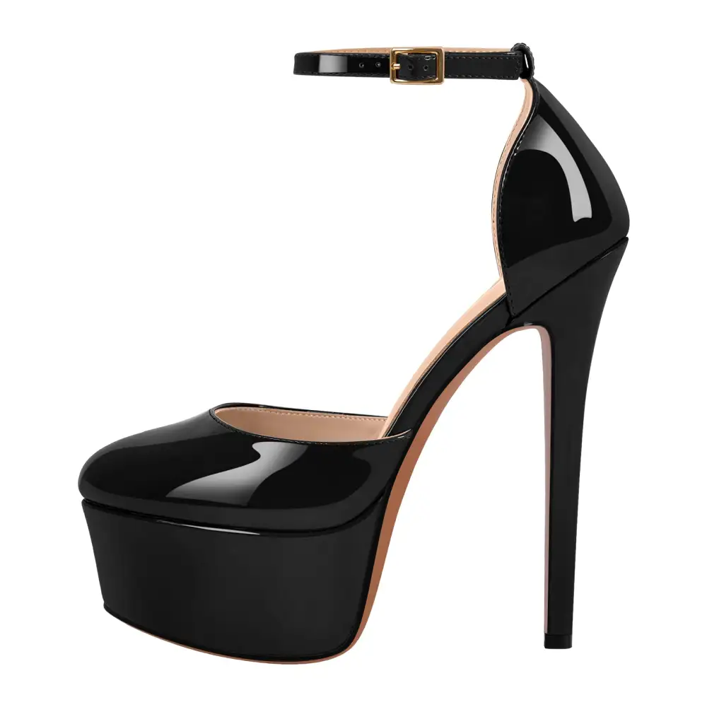 Round Toe Platform Stiletto Ankle Strap Pumps