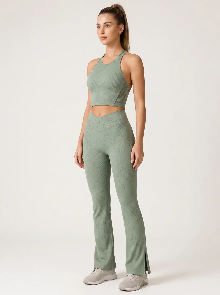 Women's Sage Green Leaf-Print Ribbed Activewear Set