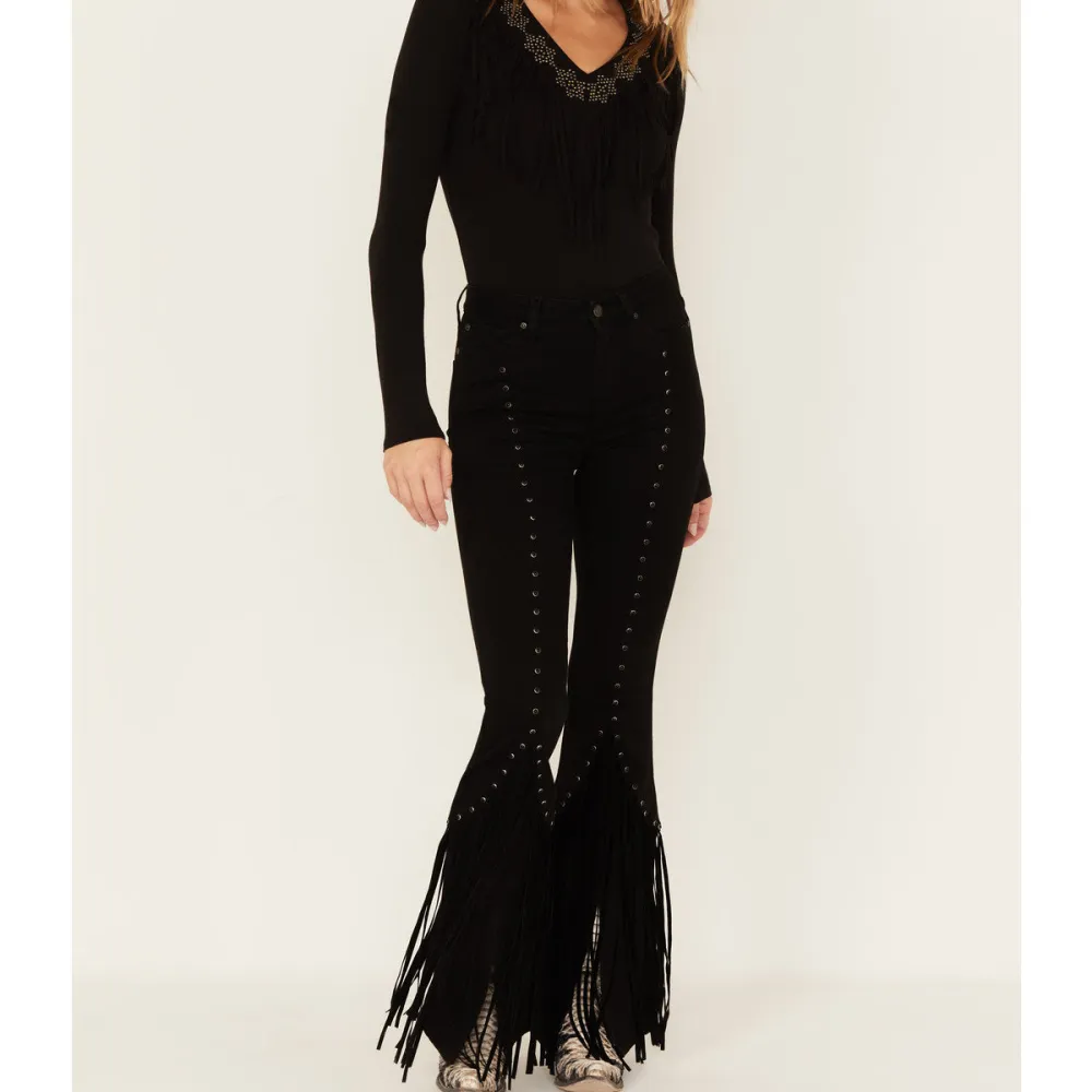 High Rise Flare Embroidered Fringe Detail Jeans