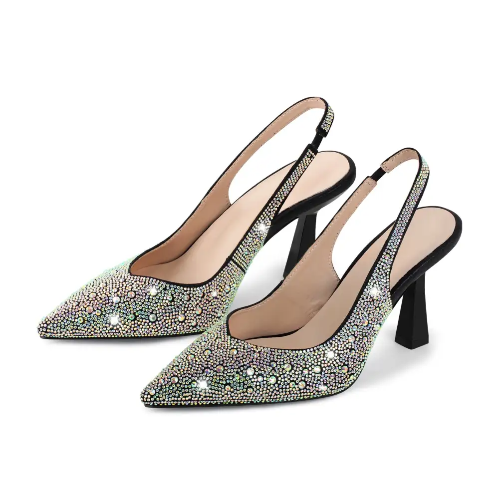 Rhinestone Pointed Toe Chunky Heel Slingback Pumps