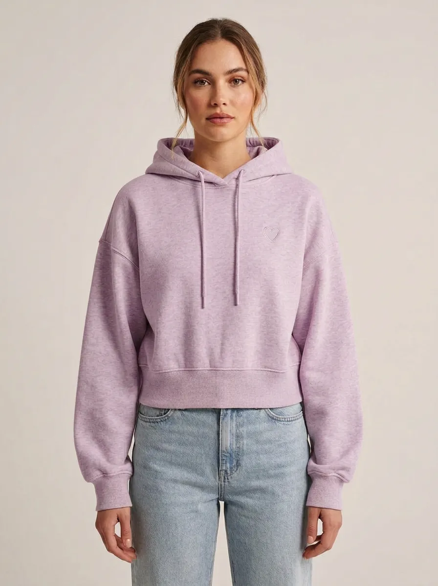 Women's Minimalist Heart Embroidered Beige Printed Hoodie