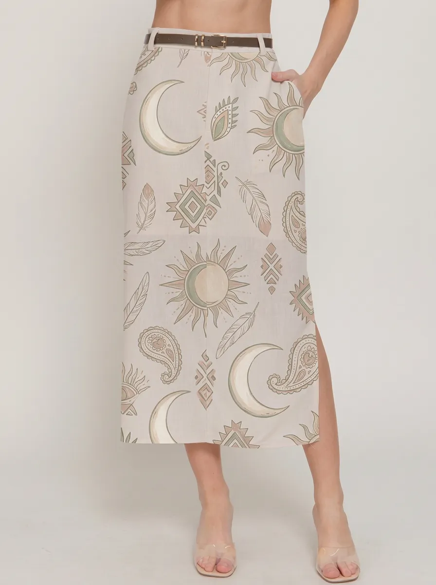Women's Boho Celestial Sun Moon Feather Printed Midi Skirt