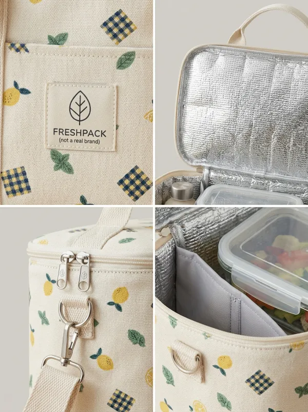 Picnic Lover Lemon Gingham Pattern Printed Insulated Lunch Bag