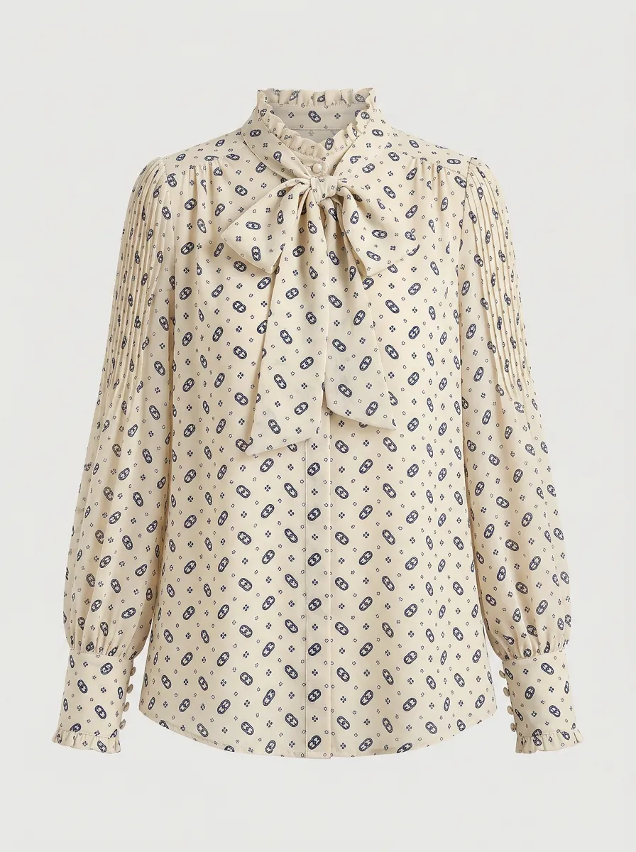Women's Vintage Bow Tie Geometric Printed Blouse