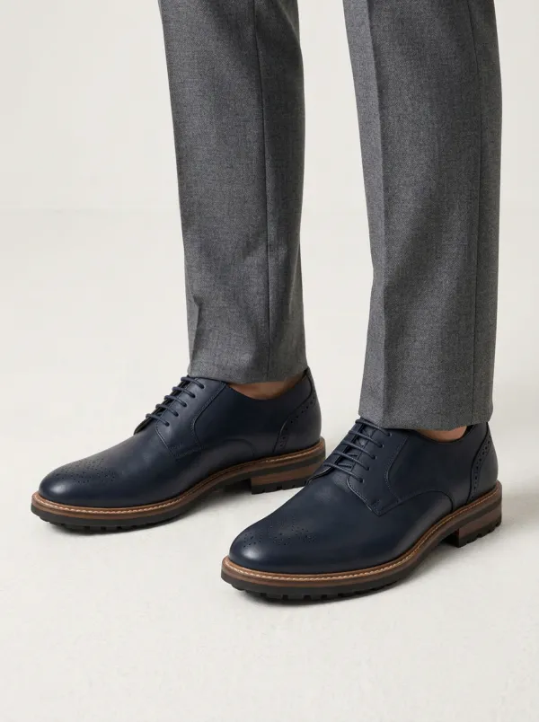 Men's Business Casual Navy Blue Brogue Printed Leather Oxford Shoes