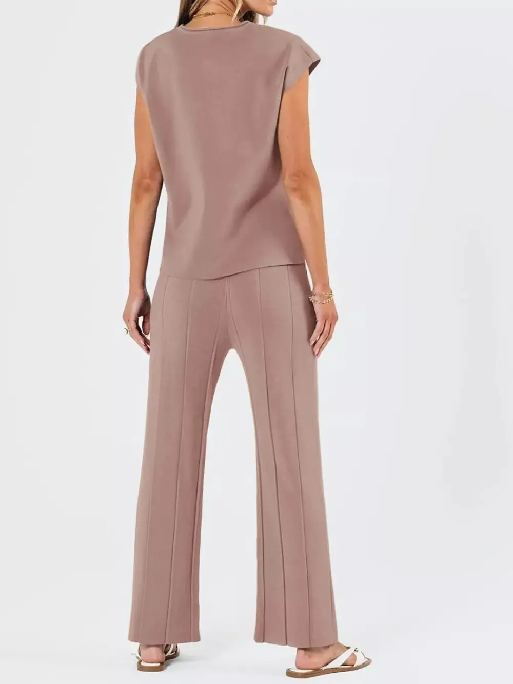 Relaxed Casual Solid Cap Sleeve Top and Pants Knit Set