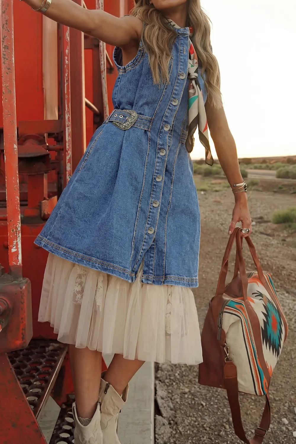 Blue Belted Sleeveless Denim Dress