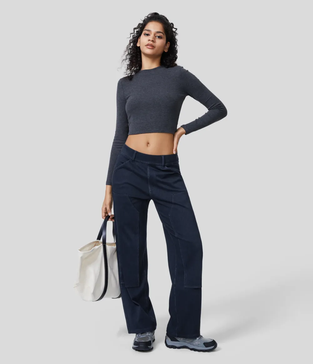 Magic Mid Rise Utility Pockets Straight Leg Stretchy Knit Lumberjack Style Casual Boyfriend Jeans