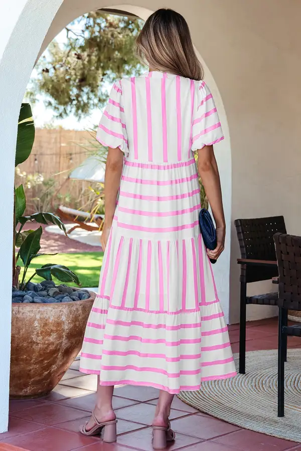 Women's Striped Notched Neck Half Sleeve Ricrac Trim Midi Dress