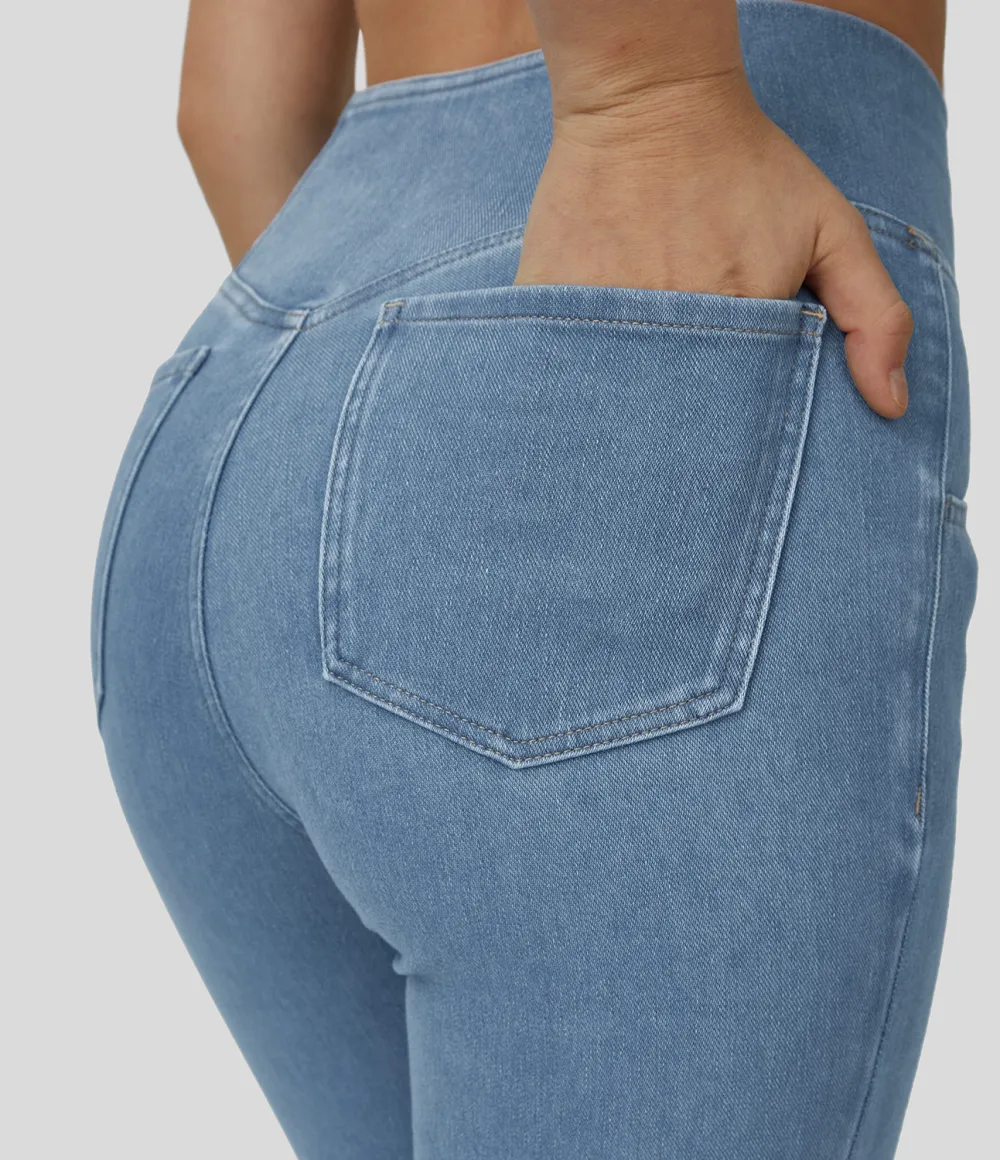 Magic High Waisted Crossover Pocket Washed Stretchy Knit Casual Super Flare Jeans