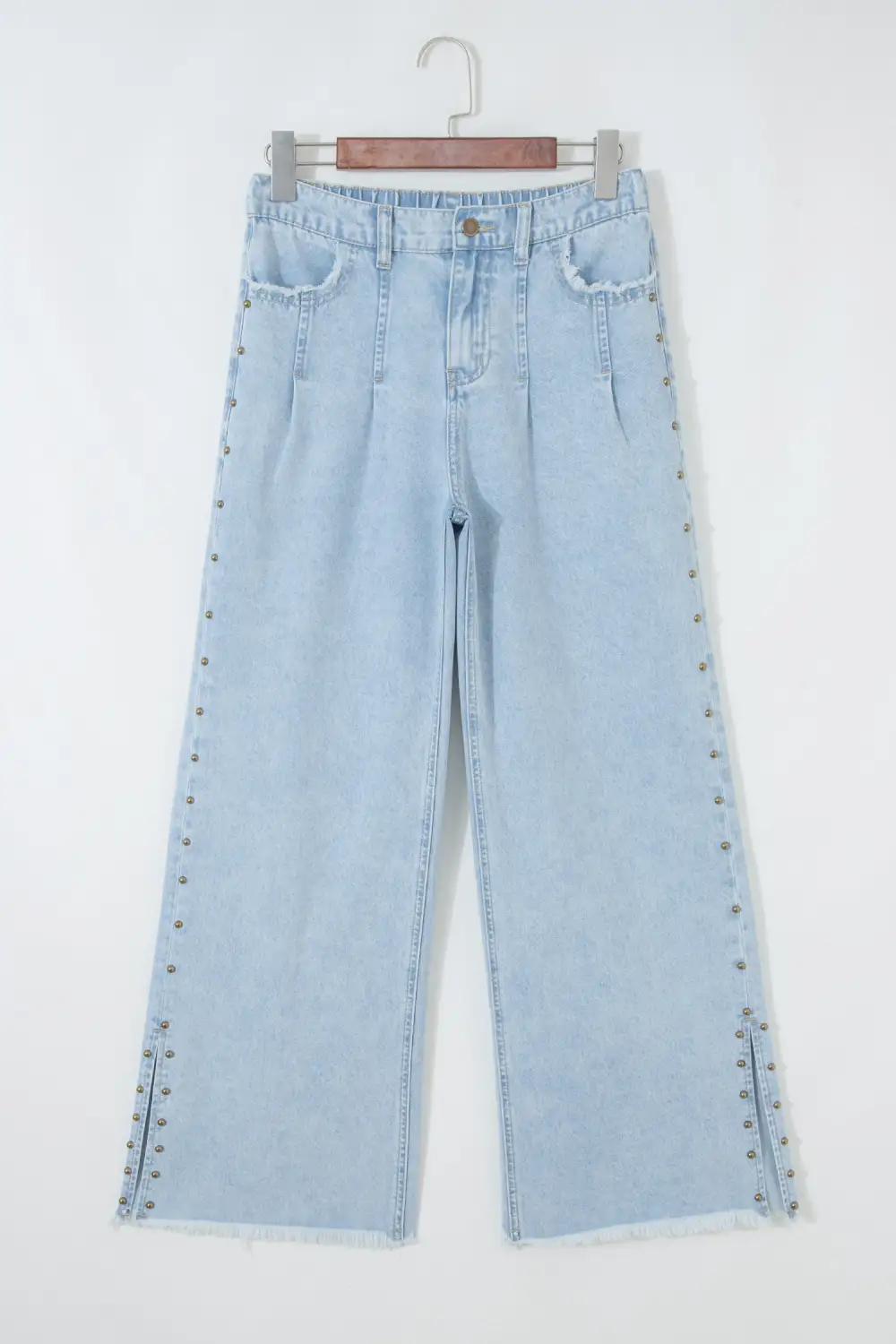 Women's Studded Side Slit Leg Frayed Pocketed Wide Leg Jeans